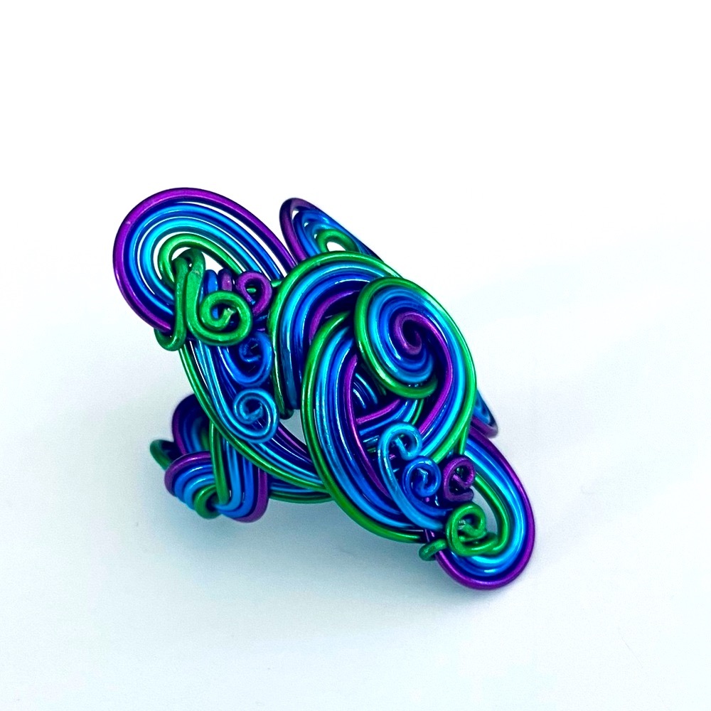 New Stunning, Unique Statement Ring in Weaved Wire in Blue, Purple & Green
